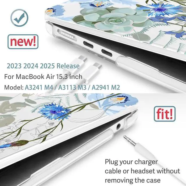 Alt view image 3 of 5 - May Chen Compatible with M4 MacBook Air 15 inch Case 2025 2024 2023 A3241 A3114 M3 A2941 M2 with Liquid Retina Display & Touch ID, Plastic Hard Shell with Keyboard Cover - Blue Flowers