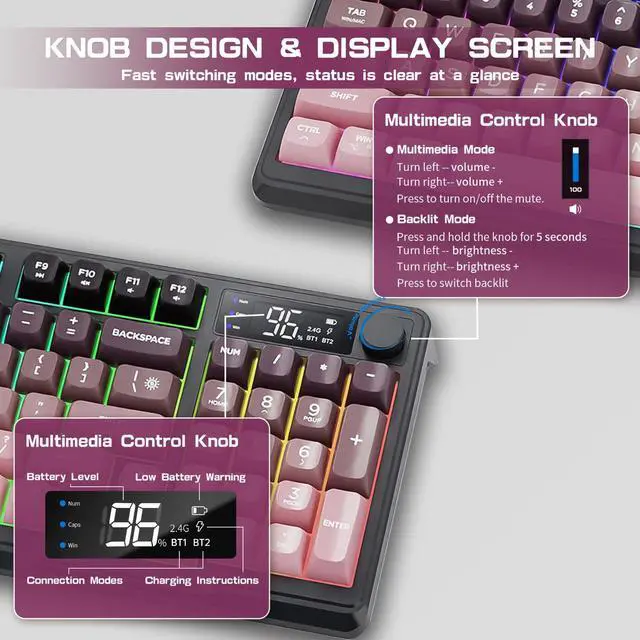 Alt view image 3 of 5 - LexonElec M96 Wireless Keyboard, Low Profile Quiet Typing Membrane Gaming Keyboard with Smart Display & Knob, RGB Backlit, USB C Rechargeable, 94 Keys PBT Keycap for Windows PC, Mac, Linux-BlackBerry