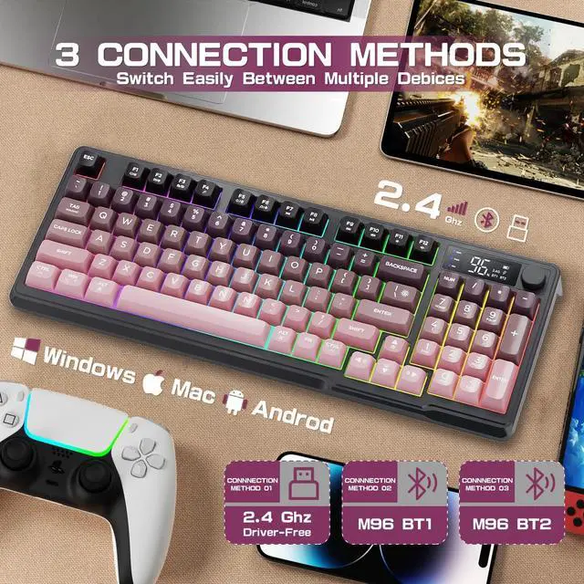 Alt view image 2 of 5 - LexonElec M96 Wireless Keyboard, Low Profile Quiet Typing Membrane Gaming Keyboard with Smart Display & Knob, RGB Backlit, USB C Rechargeable, 94 Keys PBT Keycap for Windows PC, Mac, Linux-BlackBerry