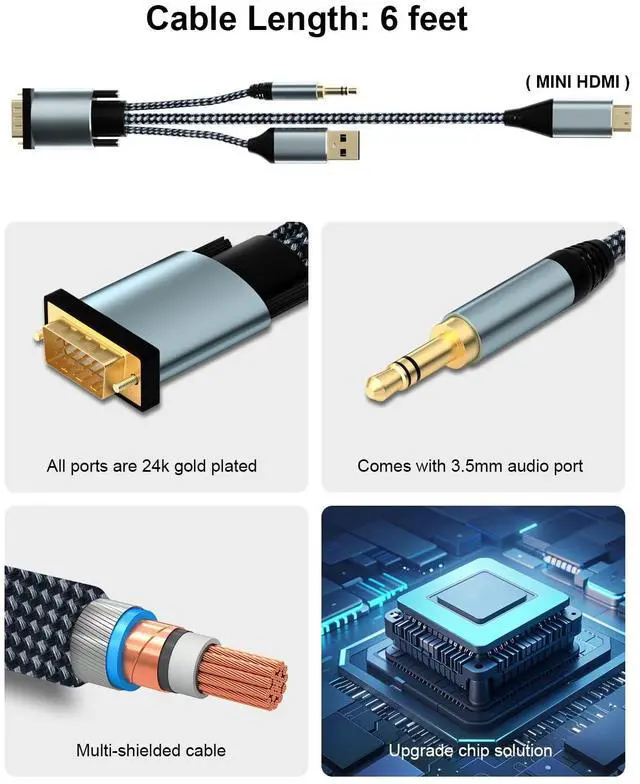 Alt view image 4 of 5 - VGA to Mini HDMI Cable 6FT, Uni-Directional VGA to Mini HDMI(Male to Male) Compatible for Computer, Desktop, Laptop, PC, Monitor, Projector, HDTV, Roku, Xbox and More
