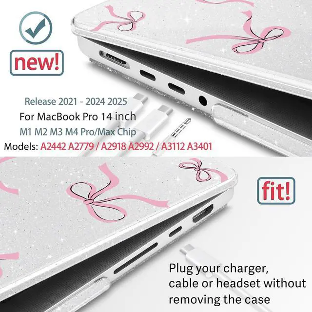 Alt view image 3 of 5 - May Chen for MacBook Pro 14 inch M3 M2 M1 Chip (Models: A3401 A3185 A2918 A2995 A2779 A2442) 2021 2022 2023 2024 Release, Bow Print Hard Shell Case wtih Keyboard Cover, Clear Glitter