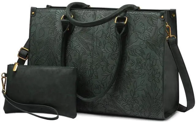 Main image of LOVEVOOK Laptop Tote Bag for Women, 15.6 Inch Large Capacity Vintage Leather Work Computer Bag, Business Casual Shoulder Handbag, Green Embossed