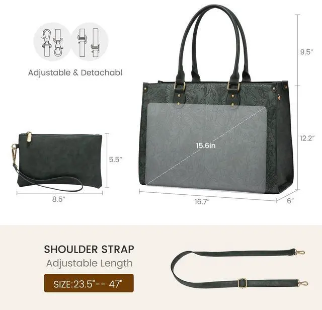 Alt view image 3 of 5 - LOVEVOOK Laptop Tote Bag for Women, 15.6 Inch Large Capacity Vintage Leather Work Computer Bag, Business Casual Shoulder Handbag, Green Embossed