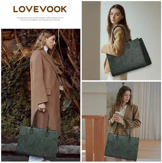 Alt view image 2 of 5 - LOVEVOOK Laptop Tote Bag for Women, 15.6 Inch Large Capacity Vintage Leather Work Computer Bag, Business Casual Shoulder Handbag, Green Embossed