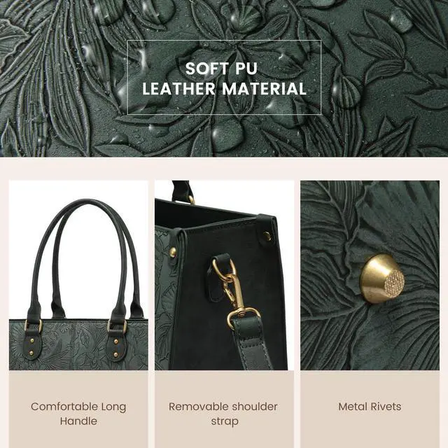 Alt view image 5 of 5 - LOVEVOOK Laptop Tote Bag for Women, 15.6 Inch Large Capacity Vintage Leather Work Computer Bag, Business Casual Shoulder Handbag, Green Embossed