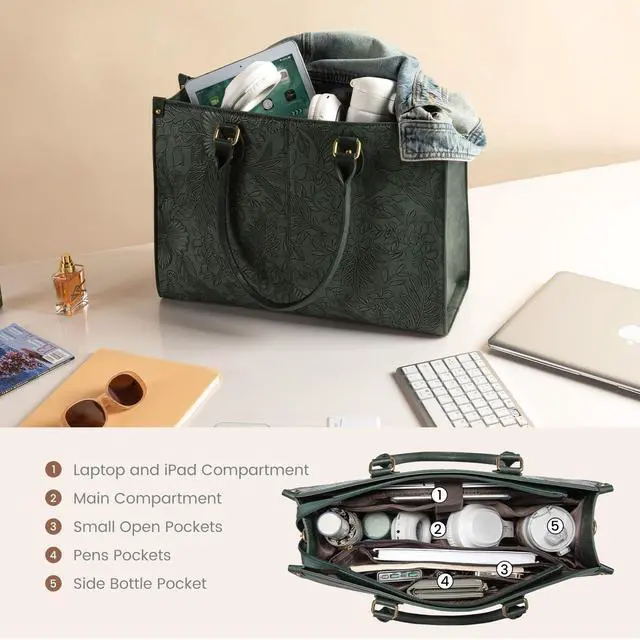 Alt view image 4 of 5 - LOVEVOOK Laptop Tote Bag for Women, 15.6 Inch Large Capacity Vintage Leather Work Computer Bag, Business Casual Shoulder Handbag, Green Embossed