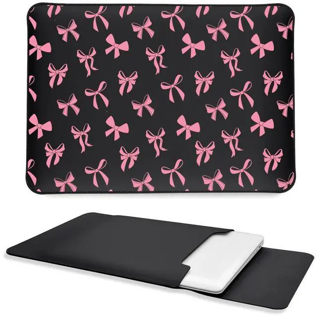 Main image of Cute Kawaii Pink Bow Laptop Sleeves 13 Inch, Black Faux Leather Cover Case for Women Girls, Compatible with MacBook Air 13" 2018-2024/MacBook Pro 13" 2016-2024