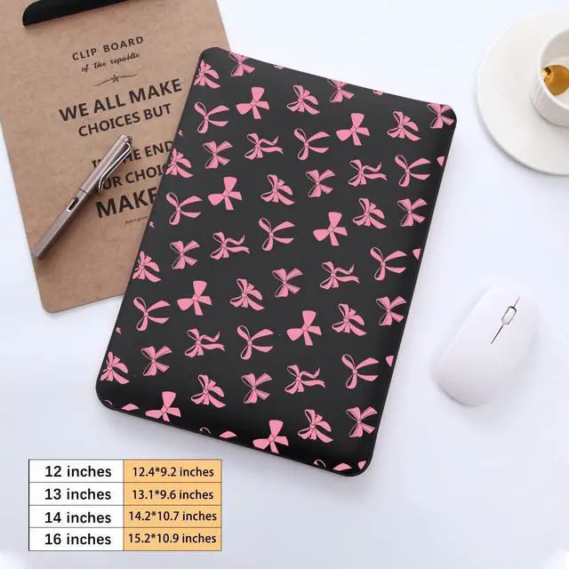 Alt view image 2 of 5 - Cute Kawaii Pink Bow Laptop Sleeves 13 Inch, Black Faux Leather Cover Case for Women Girls, Compatible with MacBook Air 13" 2018-2024/MacBook Pro 13" 2016-2024