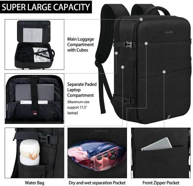 Alt view image 4 of 5 - Travel Backpack for Men Women 17 Inch Flight Approved Carry on Backpack Waterproof Large 40L Luggage Daypack Business College Weekender Overnight Laptop Backpack with 3 Packing Cubes, Black