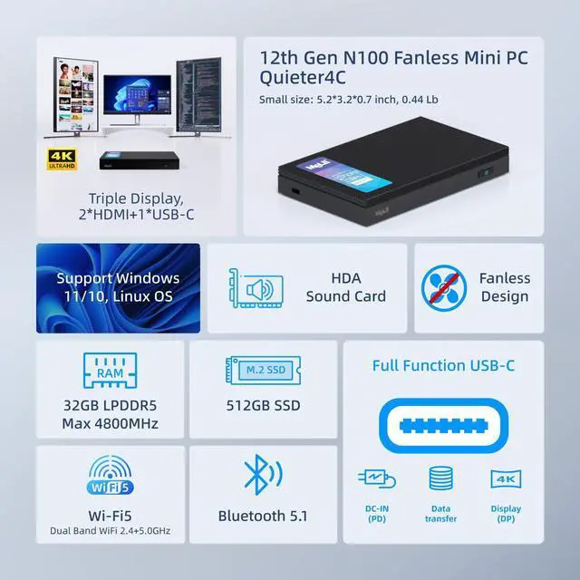Alt view image 2 of 5 - MeLE Quieter4C Mini PC with Win 11 Pro 32GB RAM LPDDR5 512GB, Fanless PC N100 (up to 3.4GHz 4C/4T), Micro Desktop Computer, Support 4K Triple Display, Dual HDMI, All-in-One USB-C WiFi 5 BT5.1 Ethernet