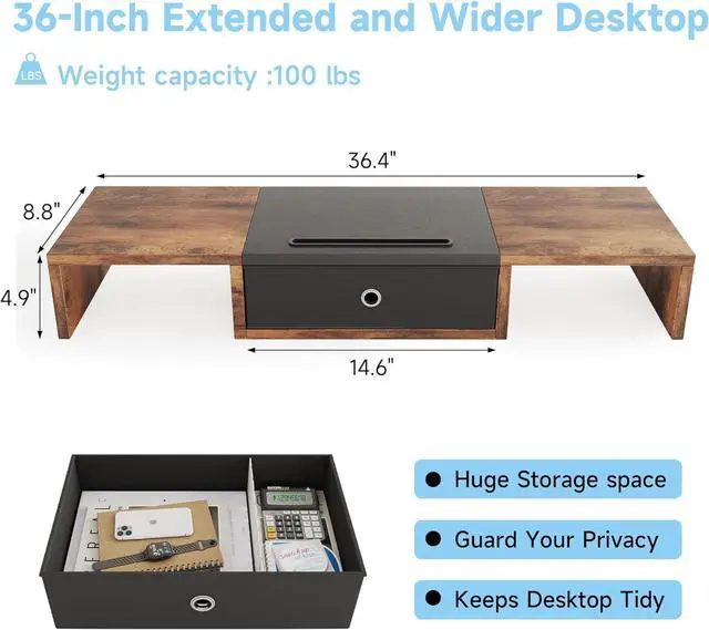 Alt view image 5 of 5 - Dual Monitor Stand Riser with Drawer - 36Inch Large Storage Computer Monitor Stands for 2 Monitors, Wooden Desktop Organizer Perfect for Home Office Desk, Computer, Laptop, TV