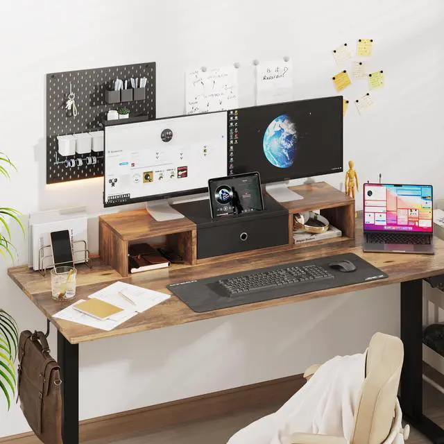 Alt view image 4 of 5 - Dual Monitor Stand Riser with Drawer - 36Inch Large Storage Computer Monitor Stands for 2 Monitors, Wooden Desktop Organizer Perfect for Home Office Desk, Computer, Laptop, TV