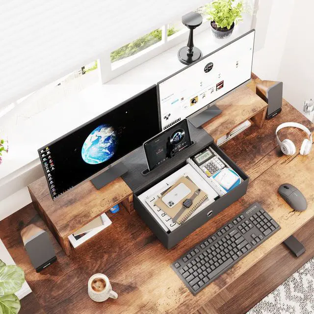 Alt view image 2 of 5 - Dual Monitor Stand Riser with Drawer - 36Inch Large Storage Computer Monitor Stands for 2 Monitors, Wooden Desktop Organizer Perfect for Home Office Desk, Computer, Laptop, TV