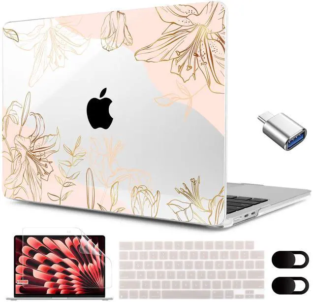 Main image of MEEgoodo for M4/M3/M2 MacBook Air 15.3 inch Case 2025 2024 2023, Case Fit Model (A3241/A3114/A2941) for MacBook Air 15 inch, Laptop Hard Shell with Keyboard Cover, Gold Flowers Lilies
