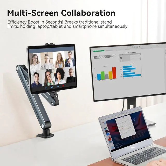 Alt view image 4 of 5 - Mechrig Aluminum Tablet Stand Holder - 360deg Adjustable & Foldable Phone iPad Holder for Desk Mount, Dual-Device Desk Clamp for iPad Pro/Air/Mini, Samsung Galaxy Tab, Kindle, Switch & Phones 4-13"