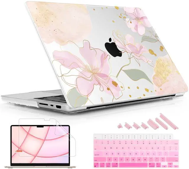 Main image of Lepeoac for MacBook Pro 14 Inch 2024 2023 2022 2021 Release M4 A3112 A3401 A3185 M3 A2918 A2992 M2 A2779 M1 A2442 Pro/Max Chip, Plastic Hard Shell Case with Keyboard Cover, Gold Blossom Flowers