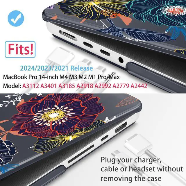 Alt view image 2 of 5 - Mektron Case for MacBook Pro 14 inch 2024 2023 2021 Model M4 A3112 A3401 A3185 M3 A2918 A2992 M2 A2779 M1 A2442 Pro/Max, Plastic Hard Shell Case Cover for MacBook Pro 14" with Touch ID, Dahlia Flowers