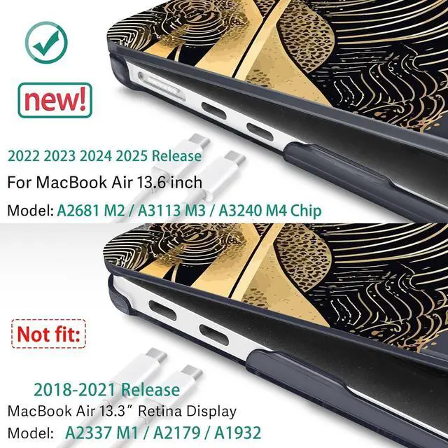 Alt view image 3 of 5 - May Chen for M4 MacBook Air 13.6 Inch Case 2025 2024 2023 2022 Release Models: A3240 A3113 M3 A2681 M2, Plastic Hard Shell Case for MacBook Air 13.6" with Retina Display Fits Touch ID, Black Sea Wave