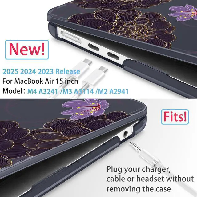 Alt view image 2 of 5 - Mektron Designed for 2025/2024/2023 MacBook Air 15 INCH M4 A3241 /M3 A3114 /M2 A2941 Case, Printed Plastic Hard Shell Cover with 15.3" Liquid Retina Display Touch ID, Golden Dahlia Flowers