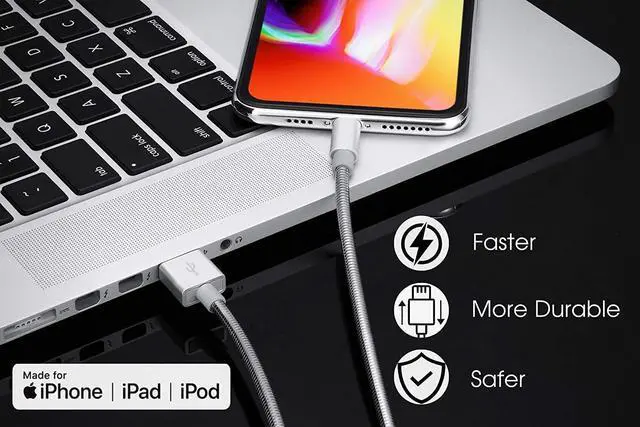 Alt view image 2 of 5 - METZONIC MFi Certified Charger Cable[2 Pack, 6.6 Feet] Metal Braided USB Cable with Insulation Coated Steel Jacket, Strong & Fast Charging Data Transfer Cord Compatible with iPhone/iPad