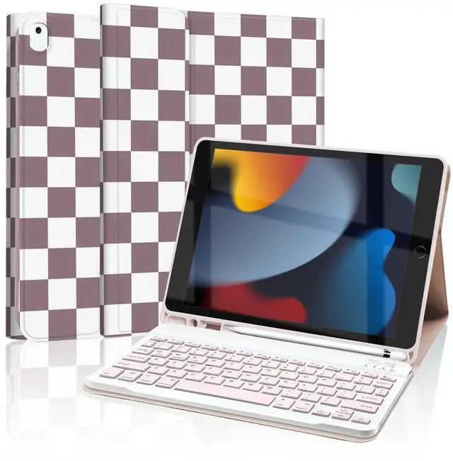 Main image of Mewealth Keyboard Case for iPad 9th / 8th / 7th Generation 10.2 Inch with Pencil Holder, Detachable Keyboard Cover for iPad Pro 10.5" / iPad Air 3rd, Checkered Plaid White-BrownPurple