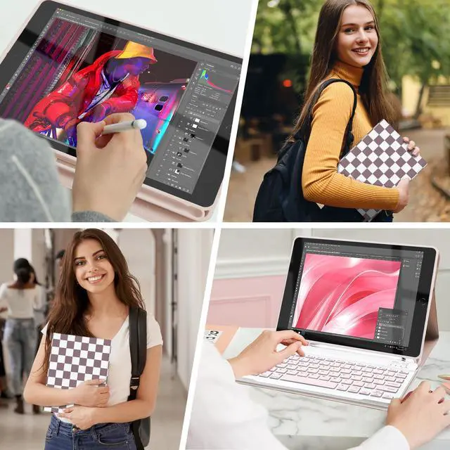 Alt view image 5 of 5 - Mewealth Keyboard Case for iPad 9th / 8th / 7th Generation 10.2 Inch with Pencil Holder, Detachable Keyboard Cover for iPad Pro 10.5" / iPad Air 3rd, Checkered Plaid White-BrownPurple