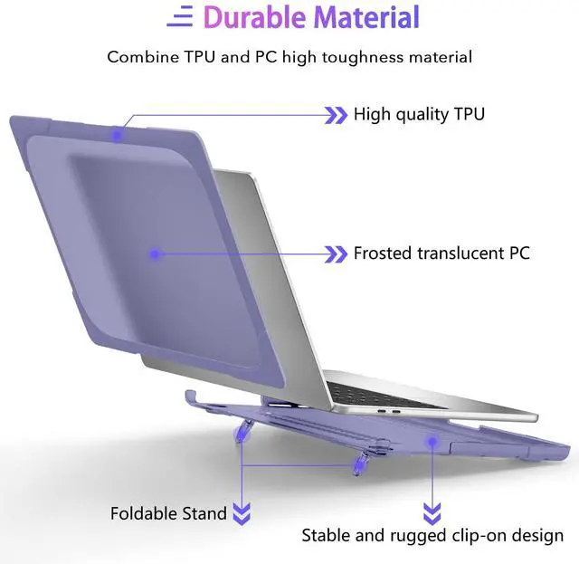 Alt view image 3 of 5 - MEEgoodo for MacBook Air 13 inch Case 2021 2020 2019 2018 Release A2337 M1 A2179 A1932 with Retina & Touch ID, Heavy Duty Rugged Shockproof Plastic Hard Shell with Fold Kickstand, Lavender Gray
