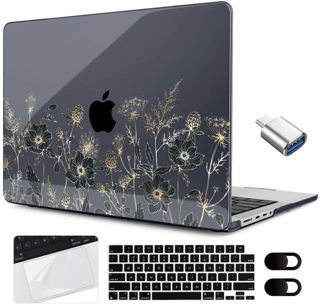 Main image of MEEgoodo Case for M4 MacBook Pro 16 inch Case 2024 2023 2021 (A3403/A3186/A2991/A2780/A2485) M3 M2 M1 Pro/Max Chip, Laptop Hard Shell Cases with Keyboard Cover & Trackpad Film, Golden Flowers & Herbs
