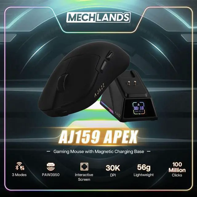 Alt view image 2 of 5 - MechLands AJ159 APEX Wireless Mouse, Lightweight Gaming Mice, with Magnetic Charging Design and Display Screen, 42000 DPI, PAW3950 Sensor, BT/2.4G/Wired Connection, 400mAh Battery (Black)