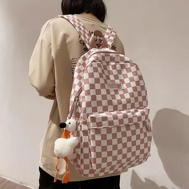 Alt view image 2 of 5 - MININAI Y2K Aesthetic Checkered Backpack with Kawaii Pendant Checkerboard Backpack Cute Preppy Laptop Backpack Light Rucksack (One Size,Pink)