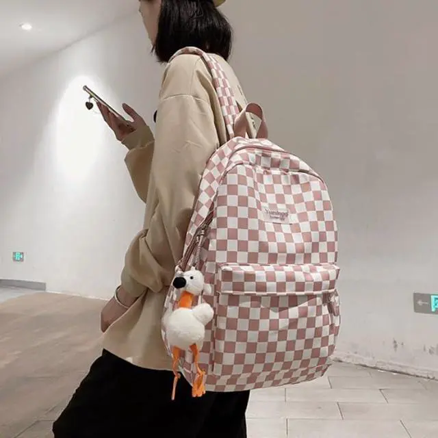 Alt view image 3 of 5 - MININAI Y2K Aesthetic Checkered Backpack with Kawaii Pendant Checkerboard Backpack Cute Preppy Laptop Backpack Light Rucksack (One Size,Pink)