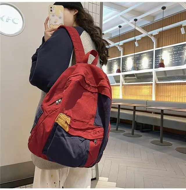 Alt view image 3 of 5 - MININAI Vintage Canvas Backpack for Women Men Grunge Hippie Boho Patchwork Backpack College Book Bag Travel Casual Daypack (One Size,Black)