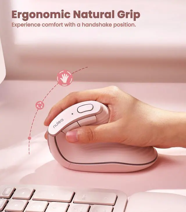 Alt view image 2 of 5 - Nulea M510 Vertical Mouse Wireless, Ergonomic Mouse for Comfy Tracking, 3 Adjustable DPI (800-1200-1600), 2.4G Wireless Vertical Mouse with 6 Buttons, Compatible with Windows, Mac OS, Laptop, PC,Pink