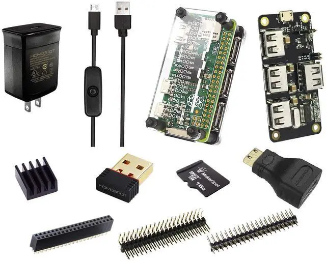 Main image of MakerSpot 4-Port Stackable USB Hub HAT for Raspberry Pi Zero W V1.3 (Pi Zero Board NOT Included) with Protector, 2.4A Power Supply, 1.5m Cable, WiFi Dongle, 16GB MicroSD Card, HDMI Adapter