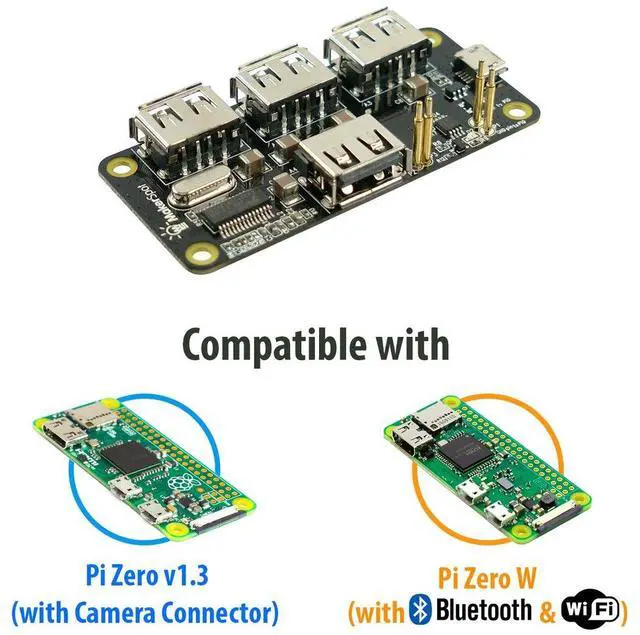 Alt view image 2 of 5 - MakerSpot 4-Port Stackable USB Hub HAT for Raspberry Pi Zero W V1.3 (Pi Zero Board NOT Included) with Protector, 2.4A Power Supply, 1.5m Cable, WiFi Dongle, 16GB MicroSD Card, HDMI Adapter