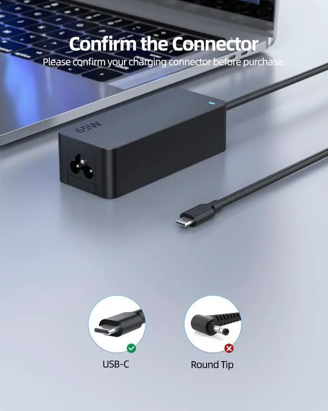 Alt view image 4 of 5 - Fast Charger Fit for Lenovo IdeaPad Flex 5 3 7 CB Laptop, USB C - New Version - 10Ft Extended Sturdy Cable, Power Light, (UL Certified Safety), PD Fast Charging, 14IAU7 15ITL05, 65W, 45W