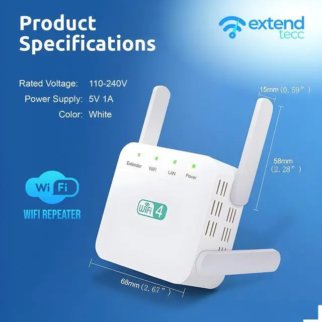 Alt view image 5 of 5 - Extendtecc WiFi Booster Wireless WiFi Extender Signal Booster 300Mbps, Extend Tecc WiFi Repeater Wireless Signal Booster 2.4 GHz Dual Band 4 Antennas 360deg Full Coverage Internet Extender