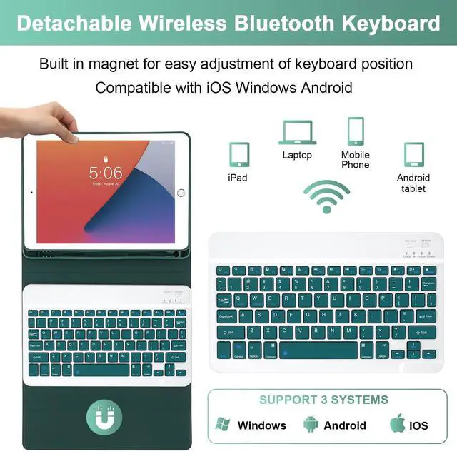 Alt view image 3 of 5 - Nsyee Keyboard Case for iPad 9th 8th 7th Generation 10.2 Inch, Detachable Bluetooth Keyboard Case with Pencil Holder and Mouse for iPad 9th/8th/7th & iPads Air 3rd 10.5"/iPads Pro 10.5", Green