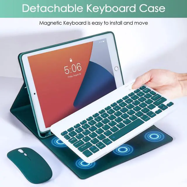 Alt view image 4 of 5 - Nsyee Keyboard Case for iPad 9th 8th 7th Generation 10.2 Inch, Detachable Bluetooth Keyboard Case with Pencil Holder and Mouse for iPad 9th/8th/7th & iPads Air 3rd 10.5"/iPads Pro 10.5", Green