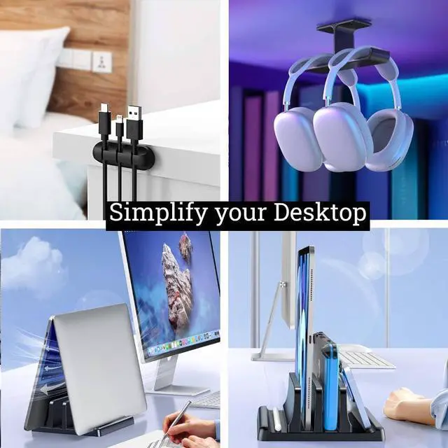 Alt view image 2 of 2 - Desk Space Saver Bundle: Adjustable Vertical Laptop Holder, Under-Desk Headphone Mount & Silicone Cable Organizers - Tidy Workspace Solution