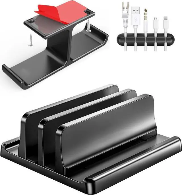 Main image of Desk Space Saver Bundle: Adjustable Vertical Laptop Holder, Under-Desk Headphone Mount & Silicone Cable Organizers - Tidy Workspace Solution