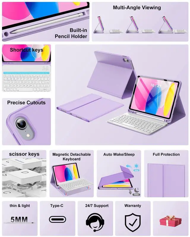 Alt view image 3 of 5 - for iPad 10th Generation Case with Keyboard (10.9" 2022) & iPad 11th (A16, 2025), Magnetic Detachable Slim Wireless Keyboard, Precise Cutouts Folio Cover Case with Pencil Holder, Light Purple