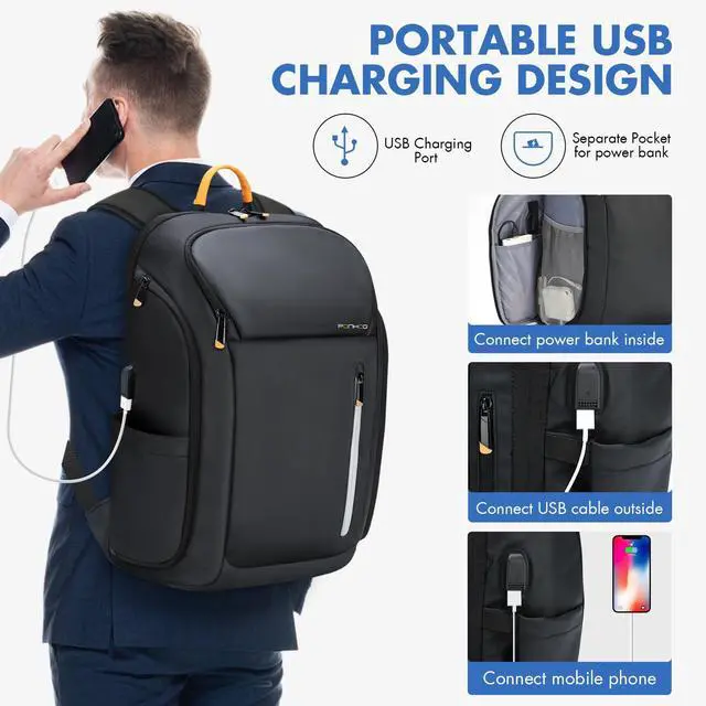 Alt view image 5 of 5 - Ponhog 18 Inch Laptop Backpack for Men, Business Travel Anti-Theft Backpack with USB Charging Port, Water Resistant Computer Bag Carry On Flight Approved for Work College Weekender, Black