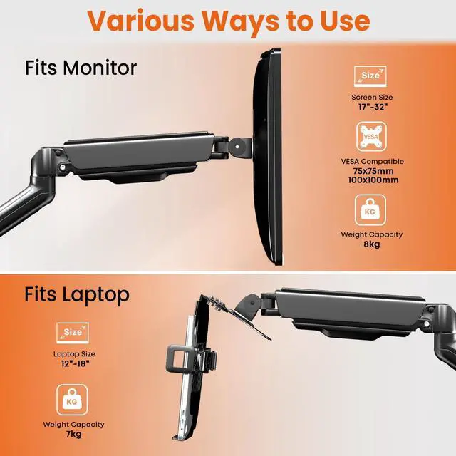 Alt view image 2 of 5 - 2-in-1 Laptop Wall Mount with Detachable Tray | Gas Spring Adjustable Arm for 12-17 Inch Laptops & Monitors | Full Motion Articulating Stand | Holds 2.2-19.8 lbs (Black)