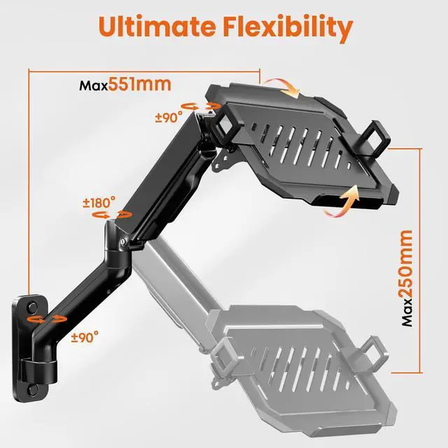 Alt view image 4 of 5 - 2-in-1 Laptop Wall Mount with Detachable Tray | Gas Spring Adjustable Arm for 12-17 Inch Laptops & Monitors | Full Motion Articulating Stand | Holds 2.2-19.8 lbs (Black)