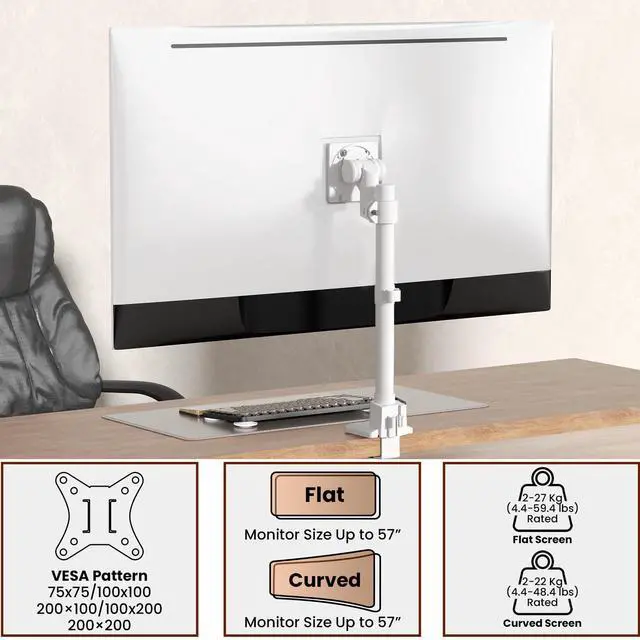 Alt view image 4 of 5 - Monitor-Arm Ultrawide Heavy Duty 24-57'' - Aluminum Single Monitor Mount Holds up to 59.4lbs, Adjustable Desk Mount Stand, VESA75/100/200mm, White