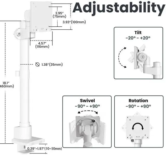 Alt view image 5 of 5 - Monitor-Arm Ultrawide Heavy Duty 24-57'' - Aluminum Single Monitor Mount Holds up to 59.4lbs, Adjustable Desk Mount Stand, VESA75/100/200mm, White