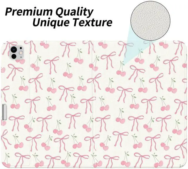 Alt view image 2 of 5 - JOYLAND Cherry Bowknot Pad Case Compatible with iPad 10th Generation 2022 10.9"/iPad (A16) 11th Generation 2025 11" with Pencil Holder Pink Girly Leather Cover Folio Stand Cover with Auto Sleep/Wake