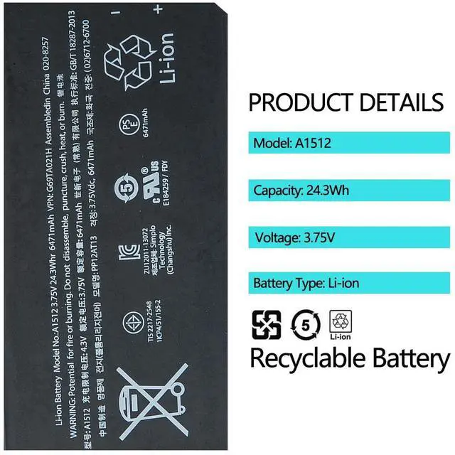 Alt view image 4 of 5 - Pinsinholy A1512 A1489 Battery Compatible with iPad mini 2 A1489 A1490 A1491 & iPad mini 3 A1599 A1600 A1601 with Installation Tools 3.75V 6471mAh 24.3Whr