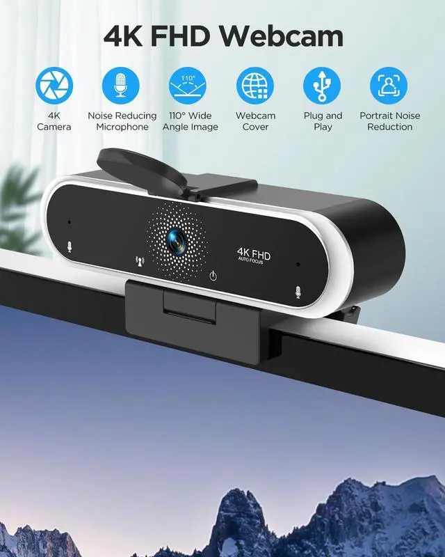 Alt view image 2 of 5 - NIVEOLI Webcam 4K with Microphone and Webcam Cover Plug and Play with Auto Light Correction for Laptop PC Desktop for Live Streaming Video Call Conference Online Lessons Game